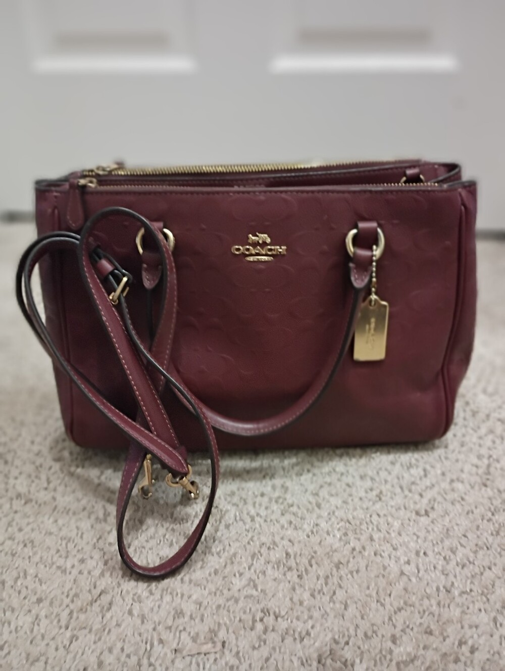Coach Surrey Carryall Wine Red Signature Debossed Leather Satchel F78751 - Picture 5 of 10